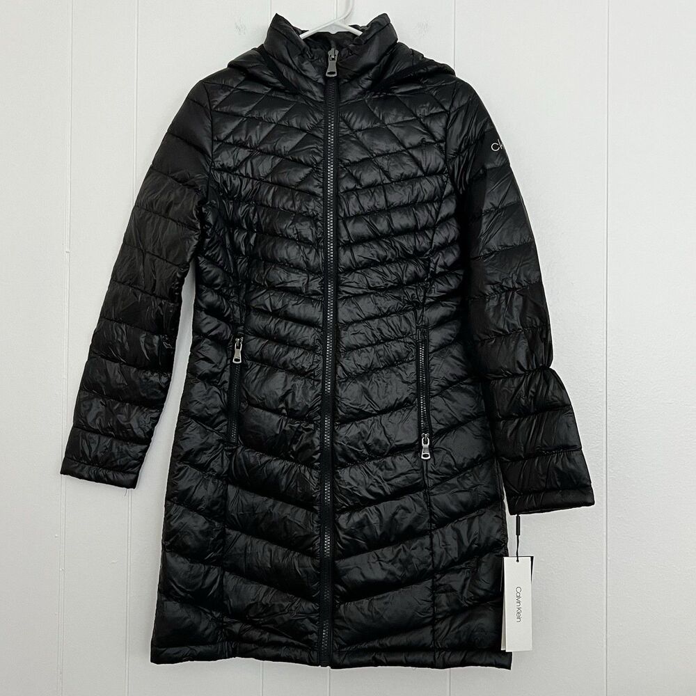 Calvin Klein Lightweight Packable Hooded Black Puffer Down Jacket Coat Womens XS